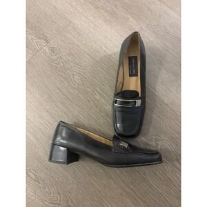 Ferra Giacomo Black Leather Square Toe Block Heel Loafers‎ Silver Hardware 6.5